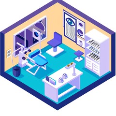 Isometric illustration of an eye doctor's office with examination equipment, chair, and eye chart.