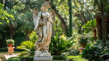 A statue of an angel stands in the middle of a green garden, surrounded by trees and plants