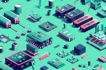 Fototapeta premium Abstract isometric illustration of electronic components and circuits on a green background.