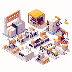 Obraz premium Isometric illustration of a printing factory with machines, boxes, and workers.