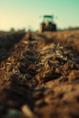 Fototapeta premium A tractor is driving through a field of dirt