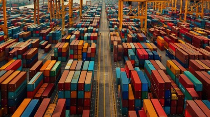 An industrial port buzzes with shipping containers Towering cranes loom in the background, symbolizing the logistics and global trade carried out in this bustling maritime hub.