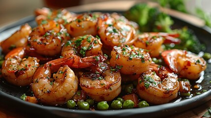 shrimps fried with broccoli and peas.