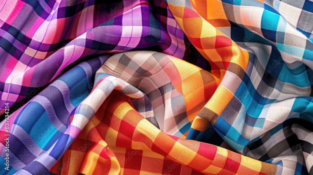 Aufkleber a colorful plaid fabric with a variety of colors and patterns. the fabric is rolled up and he is a p