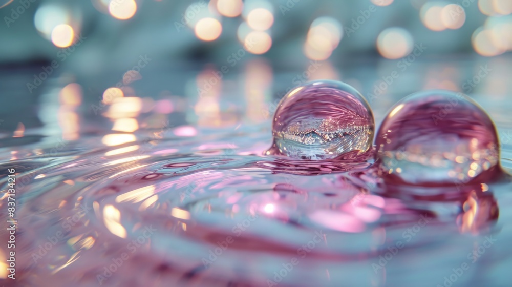 Poster two pink bubbles floating on the surface of a body of water. the bubbles are reflecting the light an