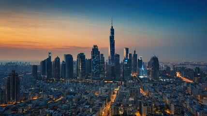 Obraz premium Aerial view of peaceful cityscape before sunrise. Smart city and abstract dot point connect with gradient line and aesthetic Intricate wave line design , big data connection technology concept .