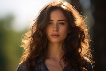 Naklejka premium A woman with long brown hair and a blue shirt