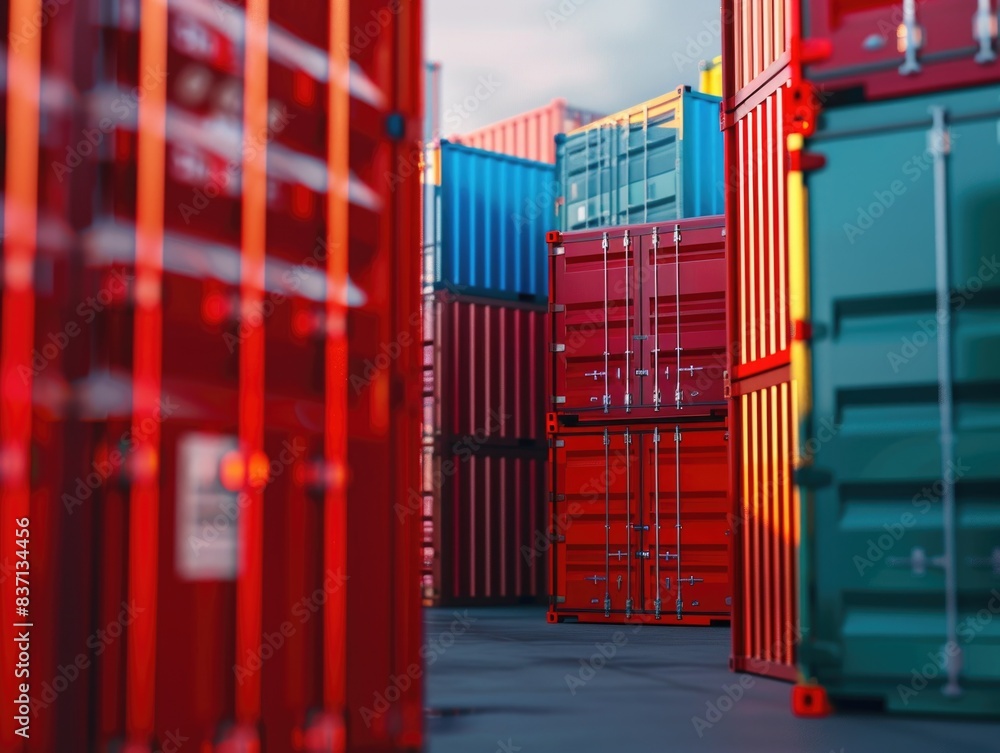 Poster a row of red and blue shipping containers are stacked on top of each other