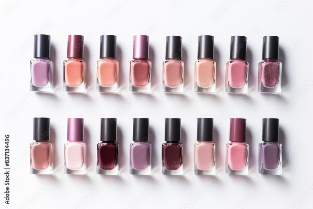 Poster a row of nail polish bottles with a variety of colors. the bottles are lined up in a row, with some 