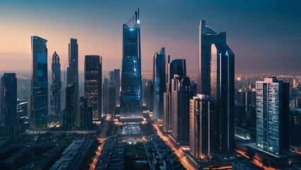 Obraz premium Aerial view of peaceful cityscape before sunrise. Smart city and abstract dot point connect with gradient line and aesthetic Intricate wave line design , big data connection technology concept .