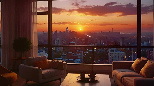 A cozy living room with large windows vibrant cityscape at sunset, stream starting soon overlay loop, virtual background vtuber asset twitch zoom OBS, manga anime chill hip hop Lofi 4k Animation video