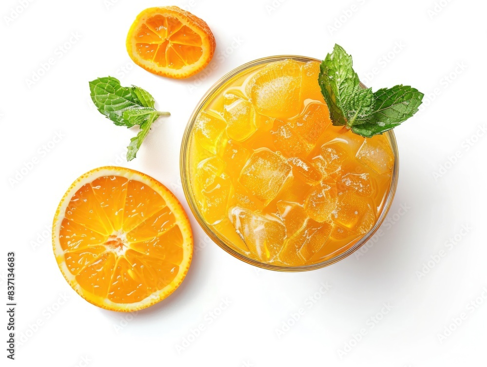 Poster a glass of orange juice with a few slices of orange on the side. the juice is cold and refreshing, a