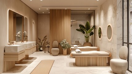 Fototapeta premium Beauty salon showcasing a therapist massaging a client's face, beige interior design