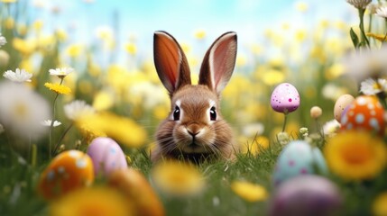 A rabbit is standing in a field of yellow flowers and eggs. The rabbit is looking at the camera, and the scene is bright and cheerful
