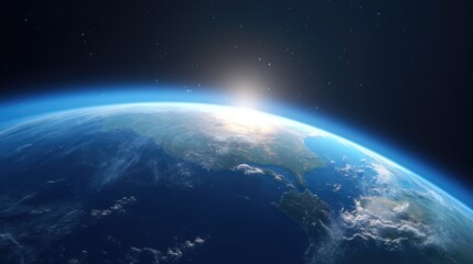 Fototapeta premium A beautiful blue and white planet with a sun rising over it. The sun is positioned in the middle of the planet, and the sky is filled with clouds. The planet appears to be a perfect sphere