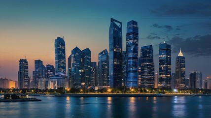 Fototapeta premium Aerial view of peaceful cityscape before sunrise. Smart city and abstract dot point connect with gradient line and aesthetic Intricate wave line design , big data connection technology concept .