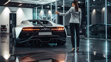 Elegant saleswoman in chic pantsuit gesturing towards sleek luxury sports car in modern showroom with dramatic lighting