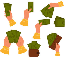 Set of illustrations with hands with paper green money banknote and with leather brown wallet filled with dollars