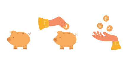 Set of illustrations with hand putting coin into piggy bank. Flying gold coin above the hand