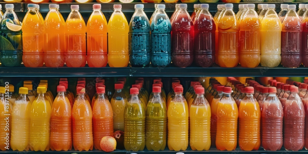 Poster A row of colorful bottles of juice on a shelf. The bottles are of different colors and sizes