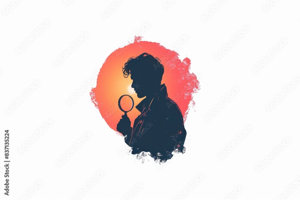 Poster a man is holding a magnifying glass and looking at something. the image has a mysterious and intrigu