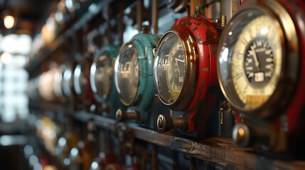 A collection of vintage electric meters with glass covers. 8k, realistic, full ultra HD, high resolution and cinematic photography