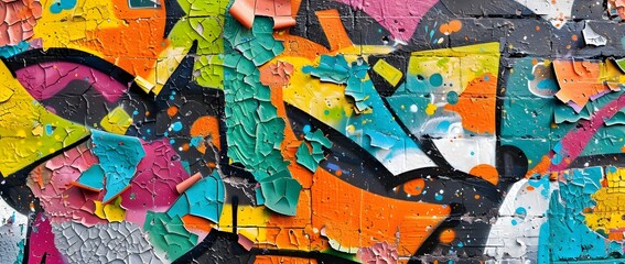 Vibrant Urban Graffiti Wall Art with Abstract Mosaic Textures and Street Style