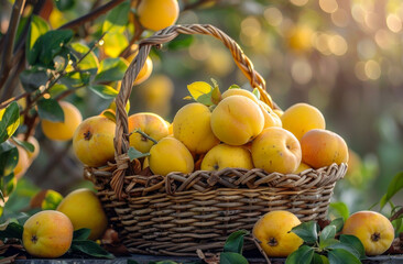 Yellow plums in basket in the garden