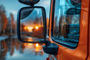 Close-up of a vehicle side mirror reflecting a beautiful sunset. The orange vehicle adds warmth to the serene outdoor scene.