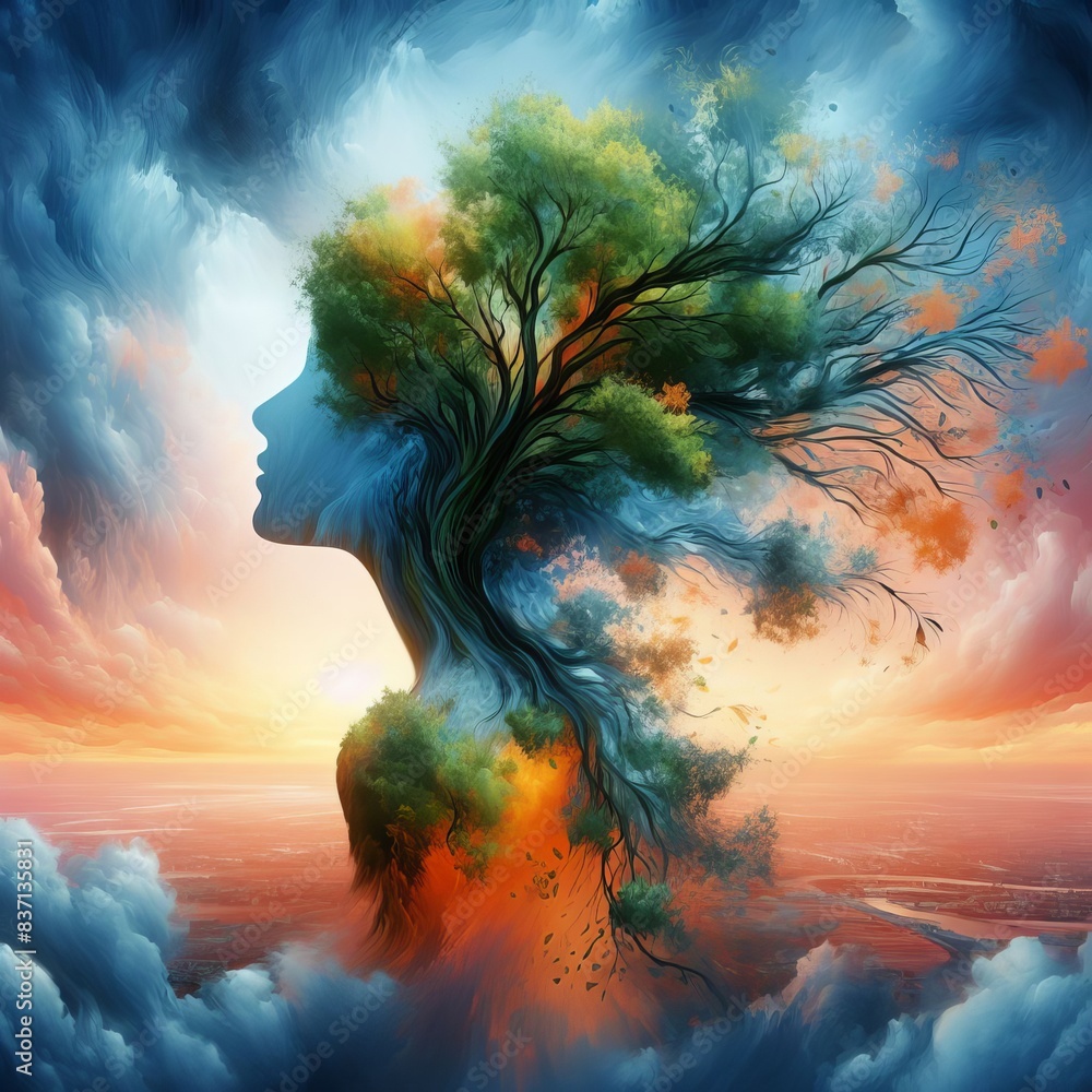 Poster a surreal digital artwork depicting a woman's silhouette merging with tree branches and vibrant clou