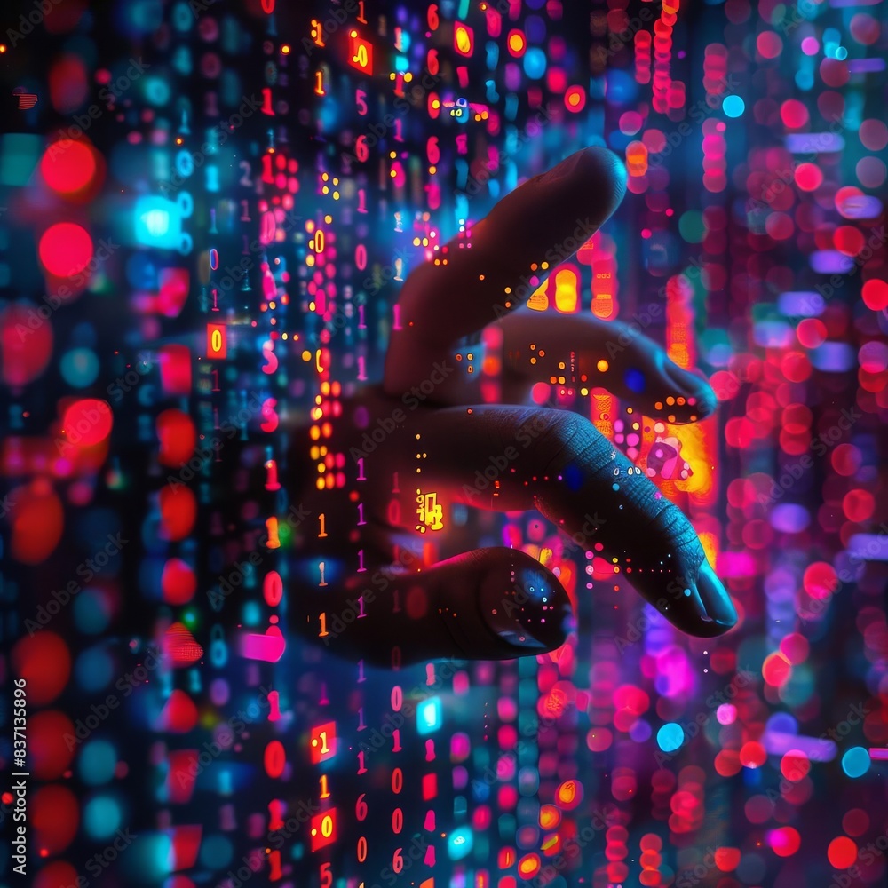 Poster a hand reaching out through vibrant digital code, symbolizing future technology, coding, and virtual