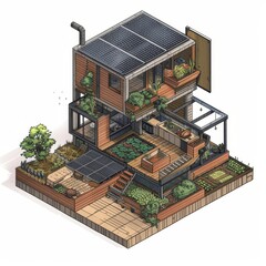 Sustainable housing concept with an emphasis on natural resource conservation and energy efficiency.