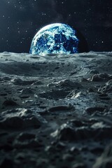 A blue planet with a large moon in the background. The moon is surrounded by a lot of space and the planet is surrounded by a lot of space