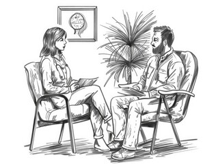 A man and a woman are sitting in chairs in a room. The man is wearing a tie. The woman is holding a piece of paper. Scene is serious