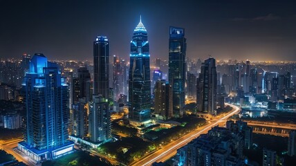 Aerial view of peaceful cityscape before sunrise. Smart city and abstract dot point connect with gradient line and aesthetic Intricate wave line design , big data connection technology concept .
