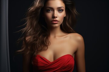 Naklejka premium A woman in a red dress with long hair and a large chest