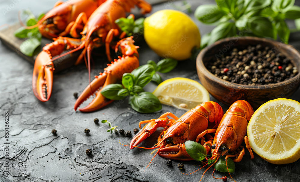 Poster boiled red crayfish with lemon and spices on dark background