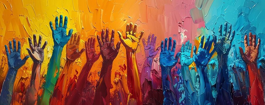 Colorful painted hands reaching upwards in a vibrant, abstract expression of diversity, creativity, and unity. Multicolored background.
