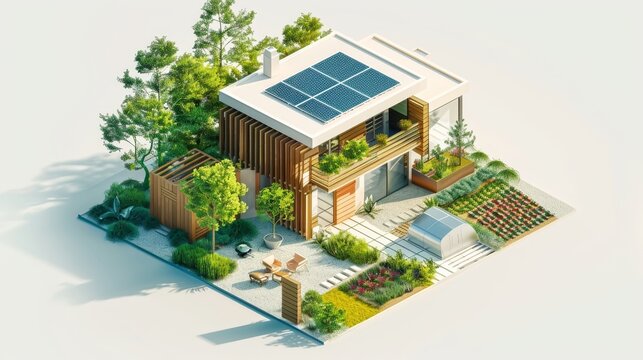 Artistic depiction of an environmentally conscious home with a minimalist design and garden.