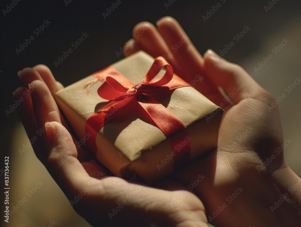 Poster a person is holding a small brown box with a red ribbon. the person's hands are open and the box is 