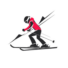 Fototapeta premium Minimalist illustration of a skier in motion. Red jacket, black skis, and poles against a simple background. Winter sports graphic.