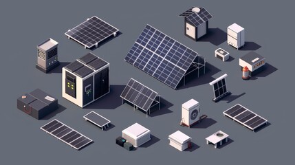 Fototapeta premium Isometric solar assets reflecting a commitment to renewable energy and eco-efficiency.