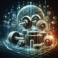 High-tech illustration of weightlifting equipment intertwined with digital elements, representing the fusion of fitness and technology. Features holographic and futuristic visuals, ideal for modern