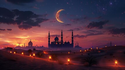 Beautiful twilight over an exotic desert with a grand mosque, crescent moon, and lit lanterns creating a magical atmosphere.
