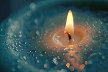 Fototapeta premium A candle is lit in a blue pool of water. The water is reflective and the candle's light creates a warm and calming atmosphere