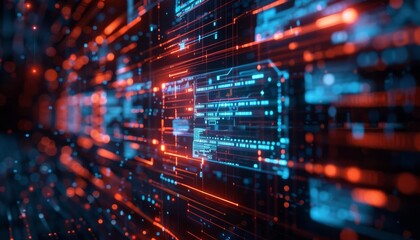 Close-up of futuristic digital data flow on a screen, showcasing advanced technology, connectivity, and information exchange concept.