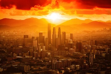 Obraz premium Golden sun illuminates city skyline creating a stunning aerial view