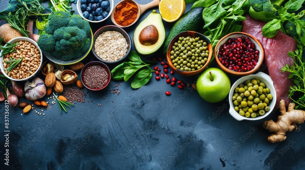 Poster a colorful assortment of fruits and vegetables are displayed on a counter. concept of abundance and 