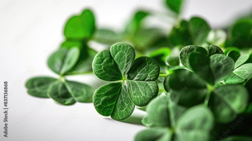 Poster a close up of four green clovers. the clovers are all different sizes and are arranged in a row