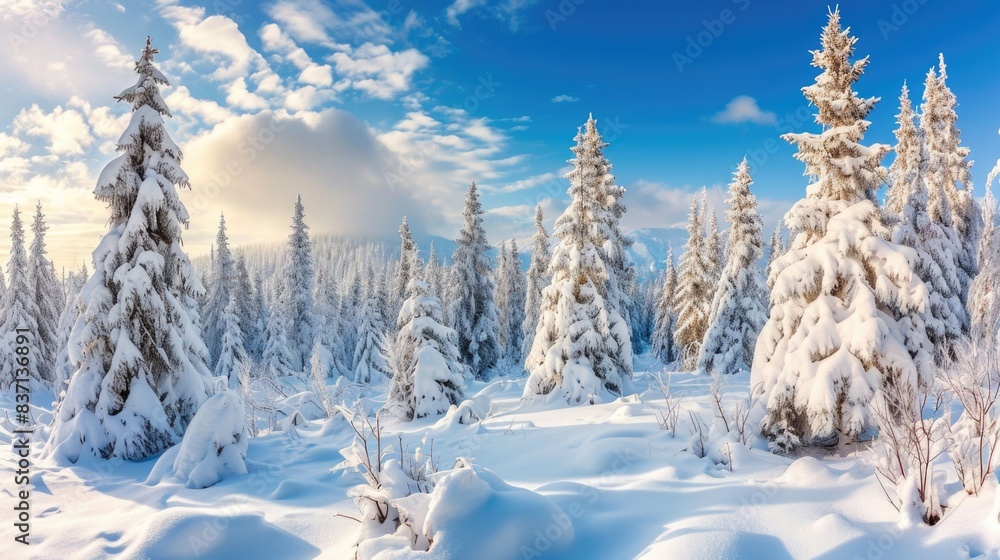 Poster a snowy forest with many trees covered in snow. the sky is blue and there are some clouds in the bac